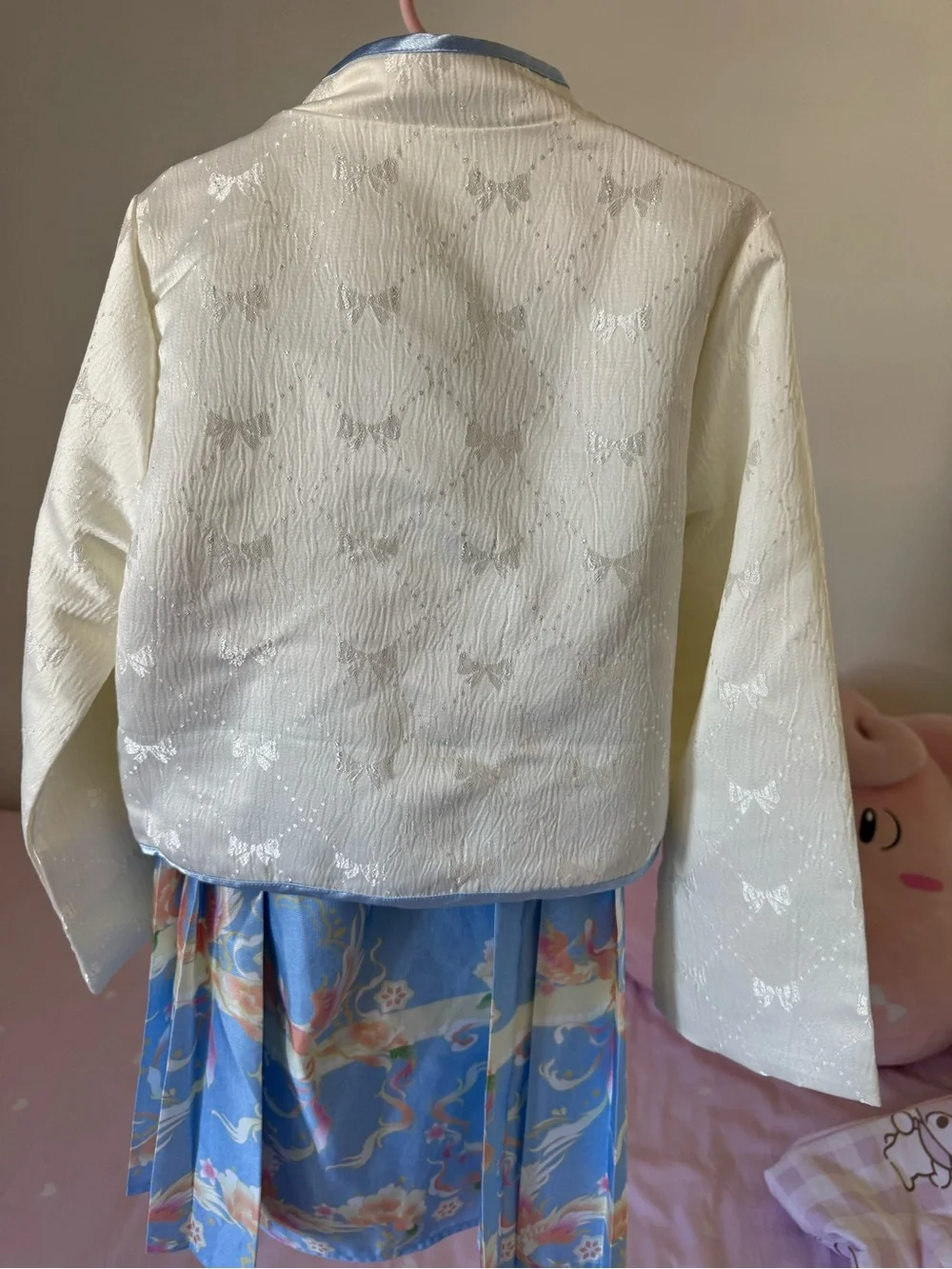 Embroidered Two-Piece Asian-Inspired Jacket & Skirt Set in Ivory and Light Blue